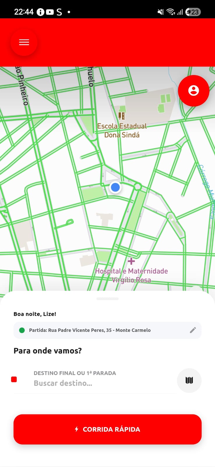 Tela do app Chama Moto: Localização e solicitação de corrida